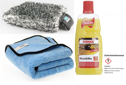 Sonax Wasch & Wax Carnauba Shampoo 1L Autowaschset Handschuh und Trocknungstuch