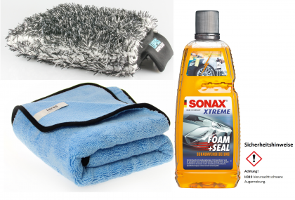 Sonax Xtreme Foam and Seal 1Liter Autowasch Set Waschhandschuh + Trocknungstuch